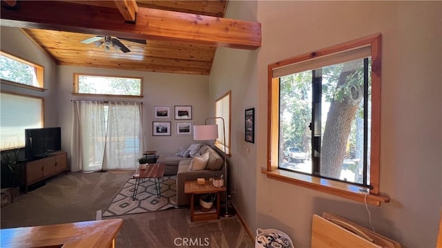 interior space with ceiling fan, vaulted ceiling with beams, carpet flooring, wood ceiling, and radiator heating unit