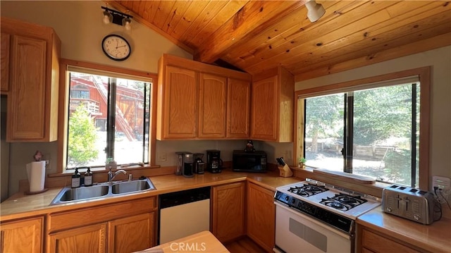 kitchen with wood ceiling, lofted ceiling, dishwasher, white gas range oven, and sink