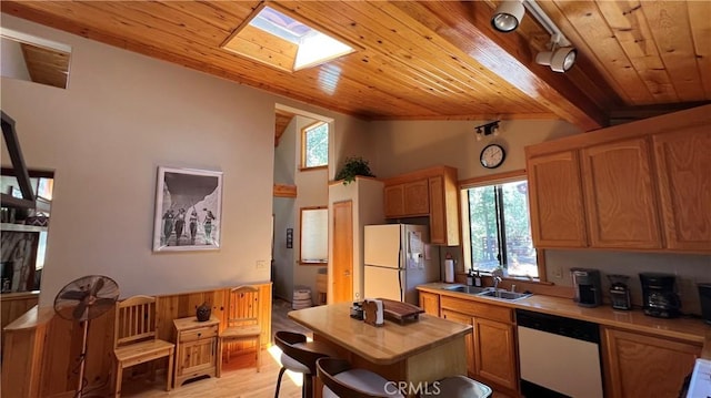 kitchen featuring a skylight, wood ceiling, sink, and white appliances