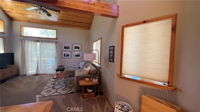 living room featuring ceiling fan, lofted ceiling, wood ceiling, and dark colored carpet