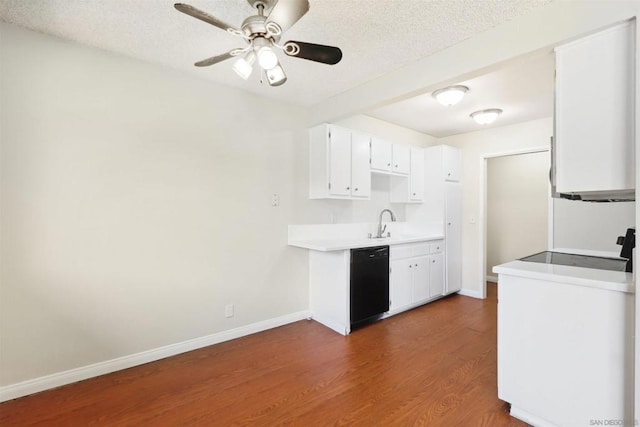 kitchen featuring wood-type flooring, dishwasher, a textured ceiling, white cabinetry, and ceiling fan