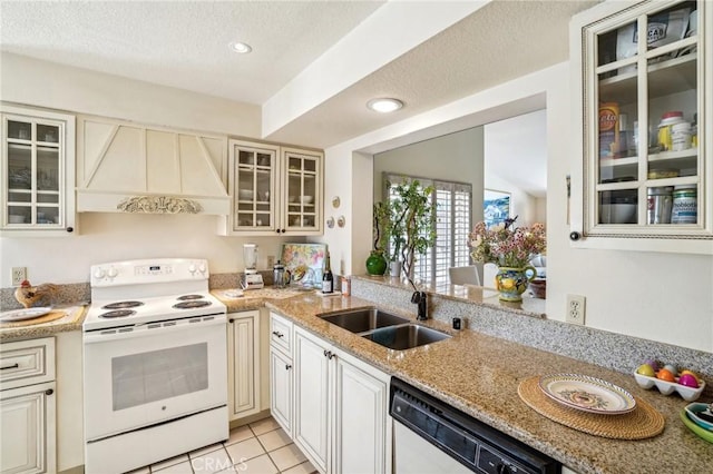 kitchen with dishwasher, sink, white electric stove, light tile patterned floors, and custom exhaust hood