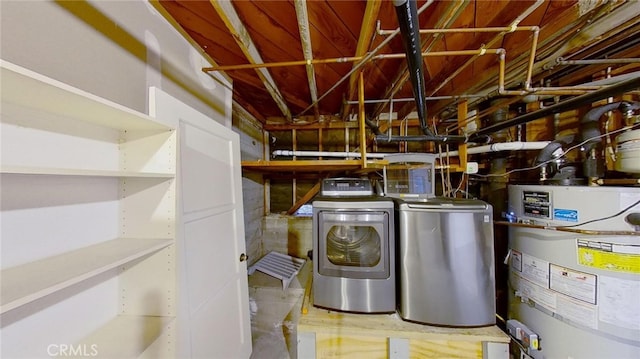 laundry area featuring water heater and washer and clothes dryer