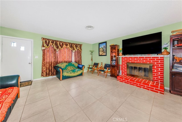 tiled living room with a fireplace