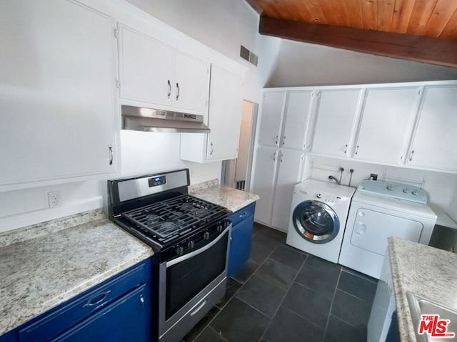 kitchen featuring washing machine and clothes dryer, stainless steel gas range oven, lofted ceiling with beams, blue cabinets, and wood ceiling