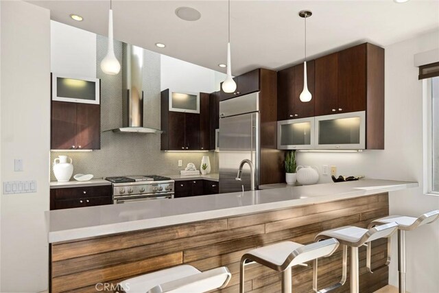 kitchen featuring sink, high end appliances, tasteful backsplash, decorative light fixtures, and wall chimney exhaust hood