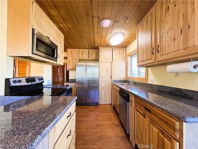 kitchen with sink, dark wood-type flooring, light brown cabinets, and stainless steel appliances