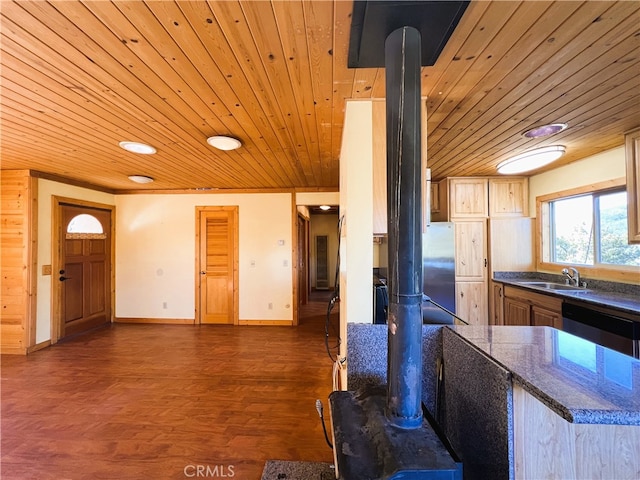 kitchen with sink, wood ceiling, dark hardwood / wood-style flooring, and stainless steel dishwasher