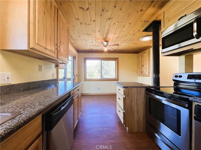 kitchen featuring dark wood-type flooring, wood ceiling, stainless steel appliances, and dark stone counters