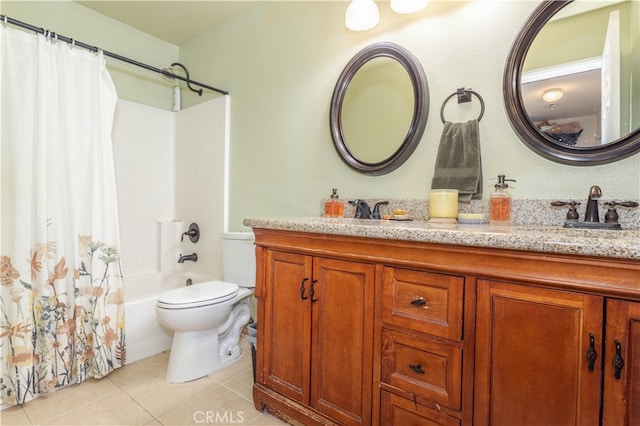 full bathroom with vanity, toilet, shower / bathtub combination with curtain, and tile patterned floors