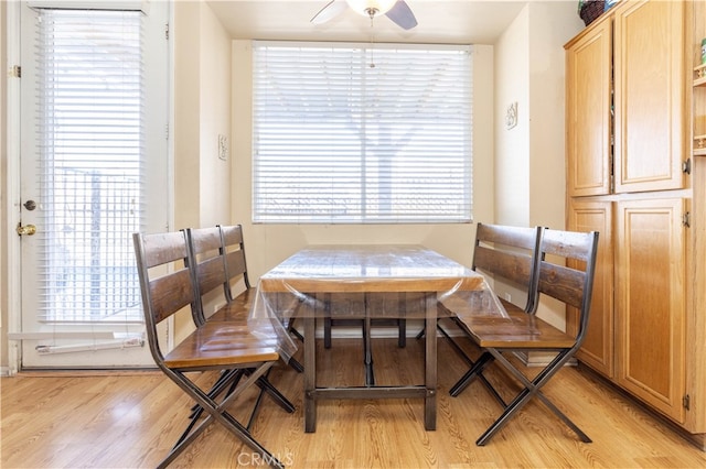 dining room with light hardwood / wood-style flooring and ceiling fan