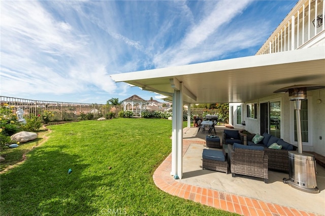 view of yard featuring a gazebo, a patio area, and outdoor lounge area