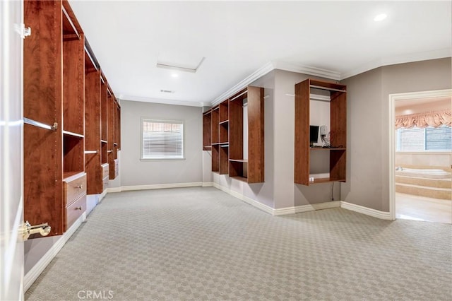 mudroom featuring light colored carpet and ornamental molding