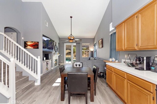 dining room with light hardwood / wood-style floors, high vaulted ceiling, and ceiling fan