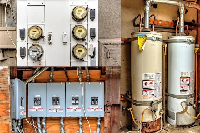 utility room featuring strapped water heater, electric panel, and gas water heater
