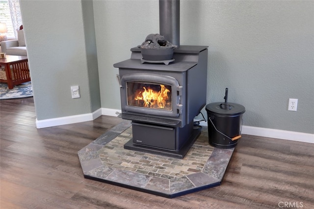 room details with a wood stove and hardwood / wood-style floors