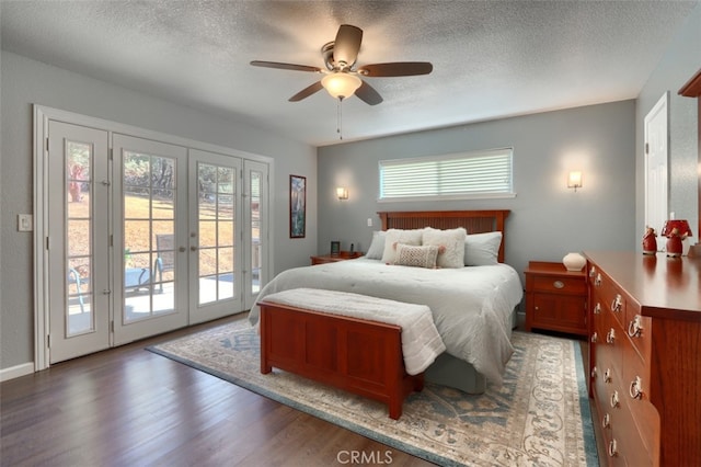 bedroom featuring access to outside, french doors, hardwood / wood-style floors, and ceiling fan