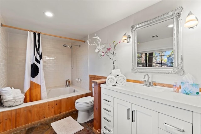 309 Castle Gate Rd, Lake Arrowhead, CA 92352 - full bath with shower / bath combination with curtain, vanity, stone finish floors, and recessed lighting
