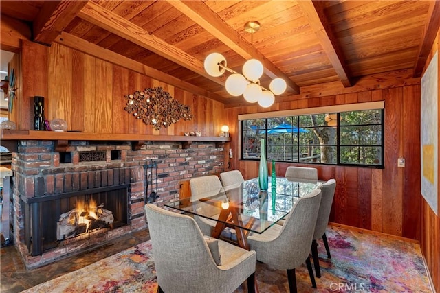 dining space with beam ceiling, wooden walls, a fireplace, and wood ceiling