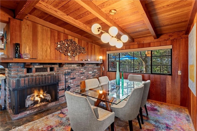 309 Castle Gate Rd, Lake Arrowhead, CA 92352 - dining room with a wooden ceiling with exposed beams, wood walls, and a fireplace