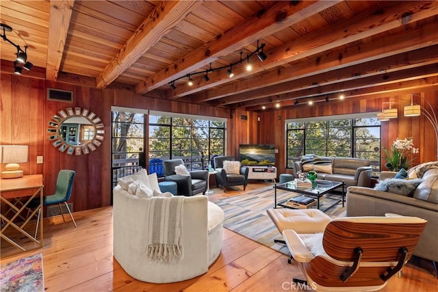 living room featuring beam ceiling, light hardwood / wood-style floors, wooden walls, and wooden ceiling