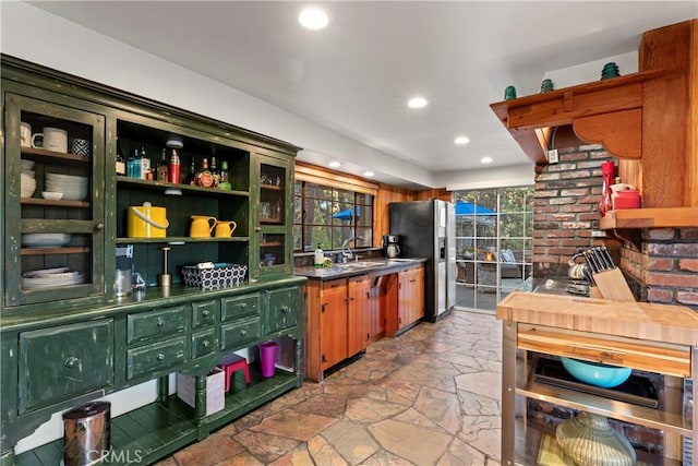 309 Castle Gate Rd, Lake Arrowhead, CA 92352 - kitchen featuring stainless steel appliances, light stone finish floors, open shelves, recessed lighting, and dark countertops