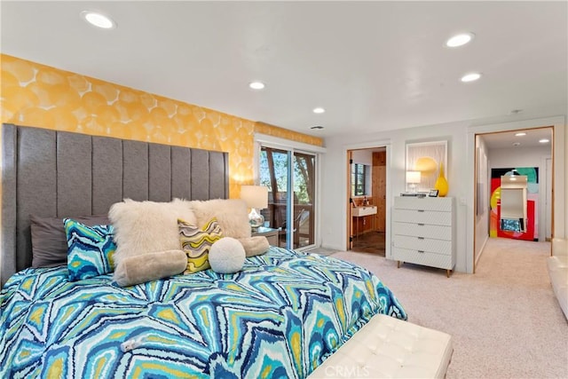 309 Castle Gate Rd, Lake Arrowhead, CA 92352 - carpeted bedroom with wallpapered walls, recessed lighting, and access to outside