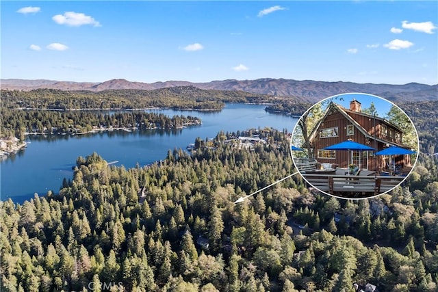 309 Castle Gate Rd, Lake Arrowhead, CA 92352 - bird's eye view of a heavily wooded area and a water and mountain view
