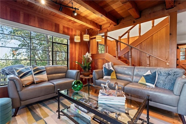 309 Castle Gate Rd, Lake Arrowhead, CA 92352 - living room featuring a wooden ceiling with exposed beams, wooden walls, track lighting, stairs, and wood finished floors