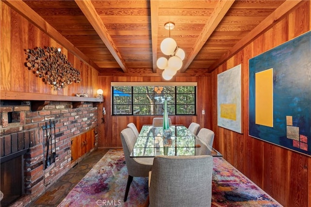 309 Castle Gate Rd, Lake Arrowhead, CA 92352 - dining area featuring a wooden ceiling with exposed beams, wood walls, and stone finish flooring