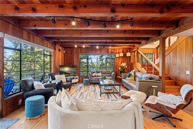 living room with beamed ceiling, track lighting, a healthy amount of sunlight, and light hardwood / wood-style floors