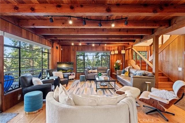 309 Castle Gate Rd, Lake Arrowhead, CA 92352 - living area with rail lighting, wood walls, light wood-type flooring, a wooden ceiling with exposed beams, and stairs