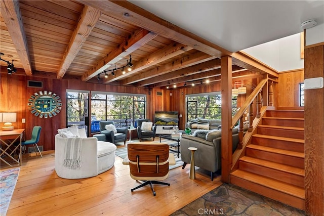 309 Castle Gate Rd, Lake Arrowhead, CA 92352 - living area featuring wood walls, a wood ceiling with exposed beams, wood-type flooring, stairway, and track lighting