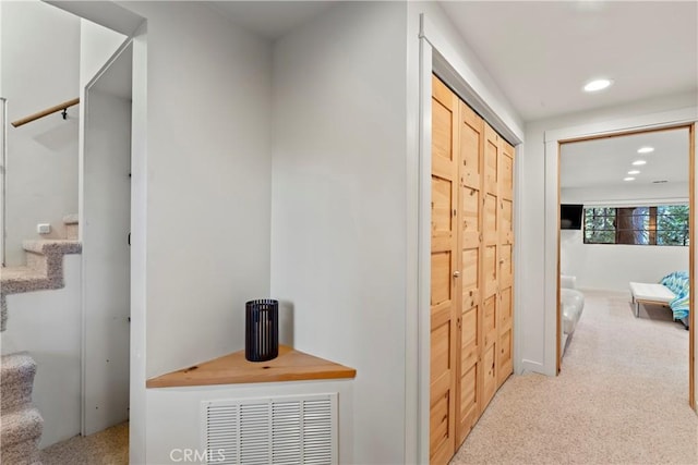 309 Castle Gate Rd, Lake Arrowhead, CA 92352 - hall featuring carpet flooring, recessed lighting, and stairs