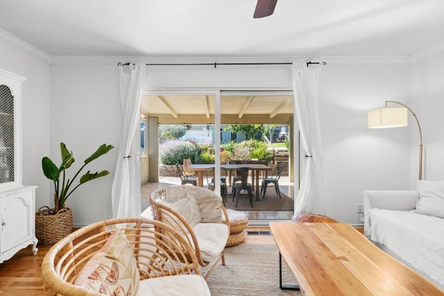 living room featuring ceiling fan, ornamental molding, and hardwood / wood-style floors