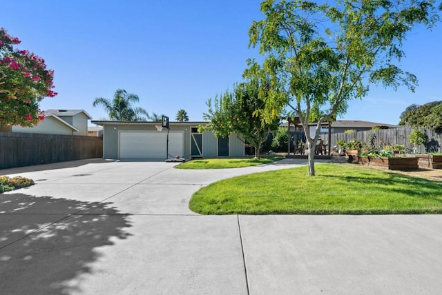 ranch-style home with a garage and a front lawn