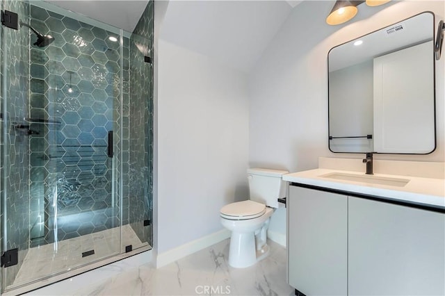 bathroom with vanity, toilet, an enclosed shower, and lofted ceiling