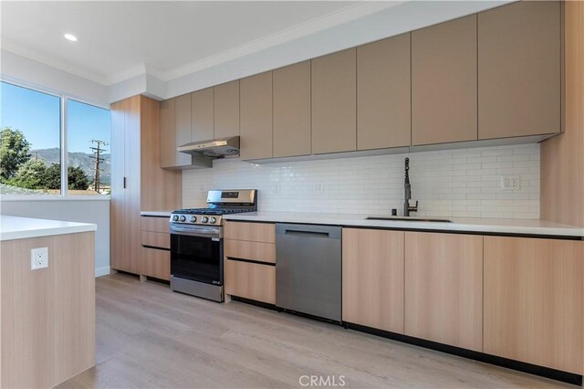 kitchen with sink, stainless steel appliances, light hardwood / wood-style flooring, backsplash, and crown molding