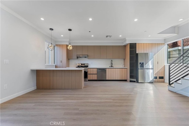 kitchen featuring appliances with stainless steel finishes, light hardwood / wood-style flooring, hanging light fixtures, and crown molding