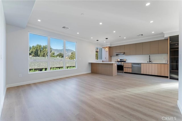 kitchen with appliances with stainless steel finishes, backsplash, pendant lighting, a mountain view, and light hardwood / wood-style floors