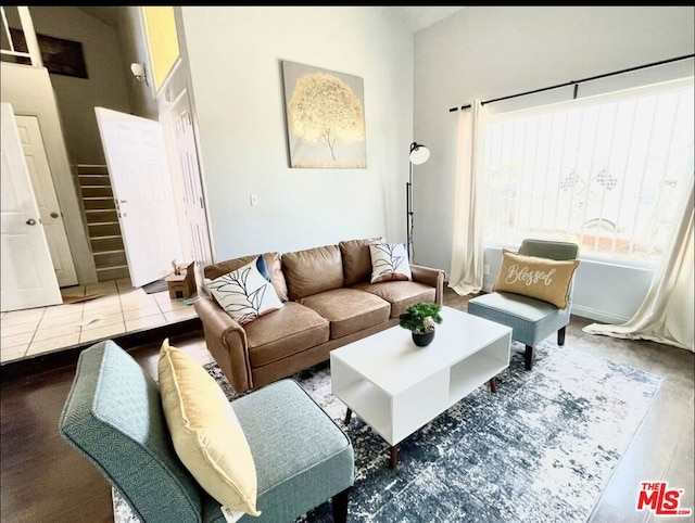 living room featuring hardwood / wood-style flooring and a towering ceiling