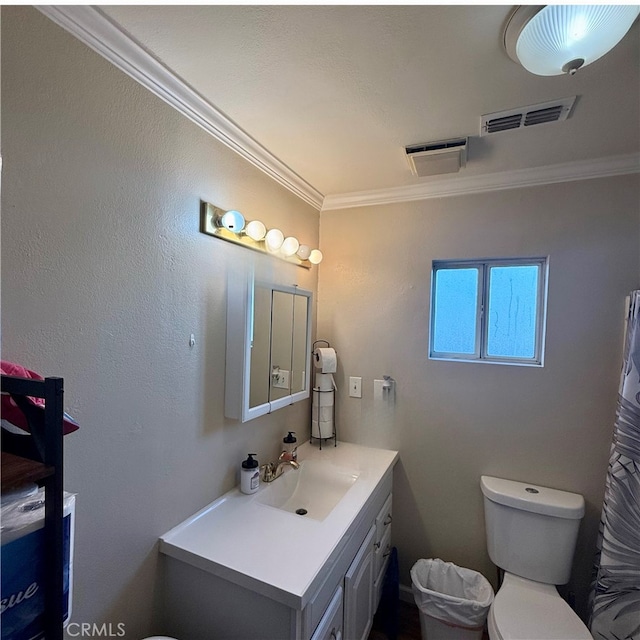 bathroom featuring vanity, toilet, and crown molding