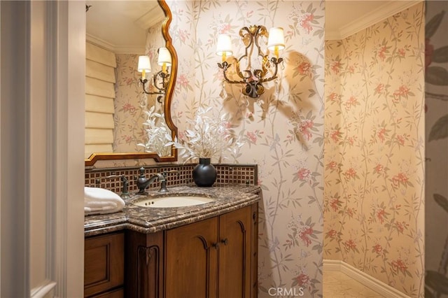 3 Cypress Point Ln, Newport Beach, CA 92660 - bathroom with ornamental molding, vanity, wallpapered walls, and tasteful backsplash