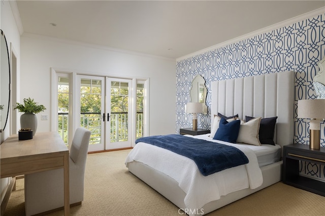 bedroom with ornamental molding, french doors, carpet, and access to outside