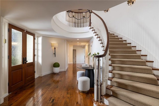 3 Cypress Point Ln, Newport Beach, CA 92660 - entryway featuring stairway, hardwood / wood-style floors, french doors, and a chandelier