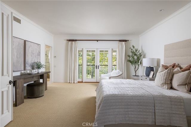 carpeted bedroom featuring french doors, ornamental molding, and access to exterior