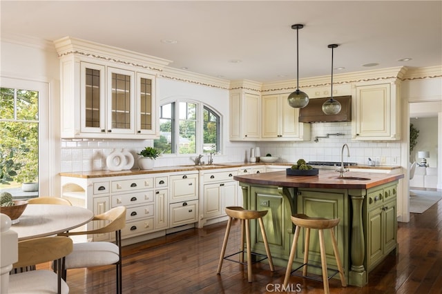 kitchen featuring a center island with sink, butcher block counters, pendant lighting, and dark hardwood / wood-style flooring