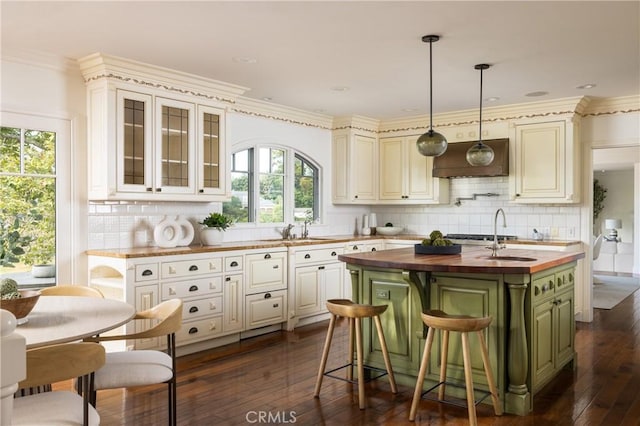 3 Cypress Point Ln, Newport Beach, CA 92660 - kitchen featuring wooden counters, tasteful backsplash, an island with sink, dark wood finished floors, and glass insert cabinets