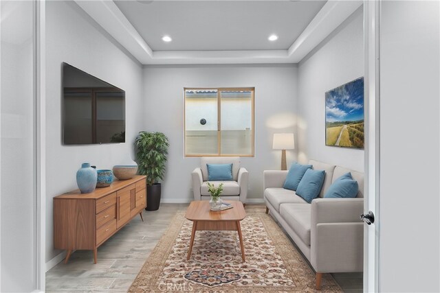 living room with light wood-type flooring and a raised ceiling