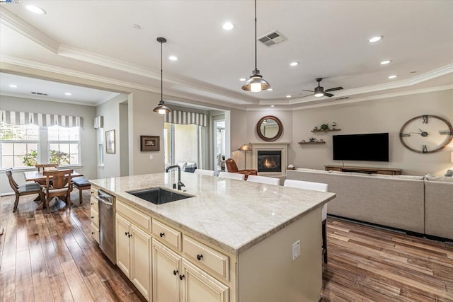 kitchen featuring hardwood / wood-style floors, an island with sink, light stone counters, and sink